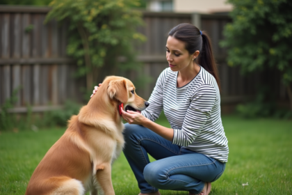 Femme française caressant son chien dans le jardin