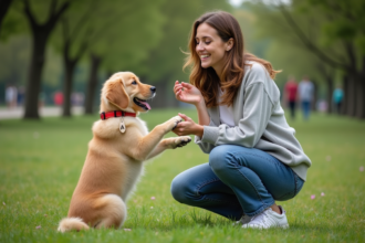 Femme souriante avec un chiot golden retriever dans un parc