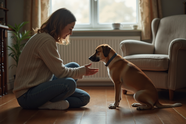 Femme agenouillée avec un chien timide dans un salon