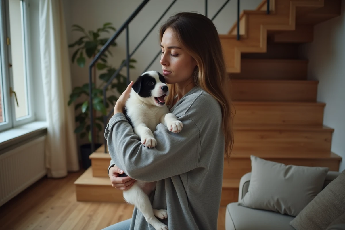 Femme réconfortant un chiot noir blanc dans un intérieur moderne