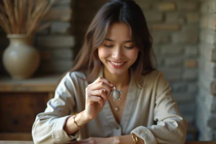 Jeune femme avec pendentif tortue en argent