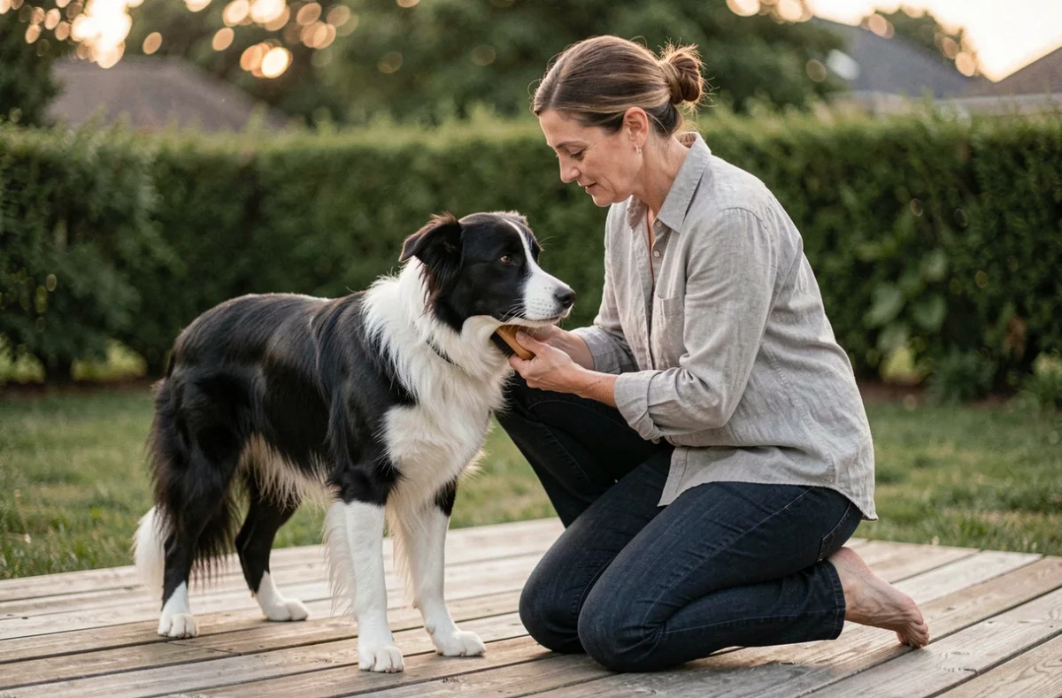 Femme brossant le pelage sain et brillant de son border collie dans un jardin grâce à une alimentation premium