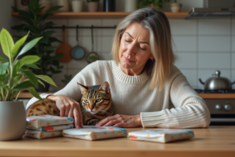 Femme détendue caressant son chat tabby avec des paquets de nourriture