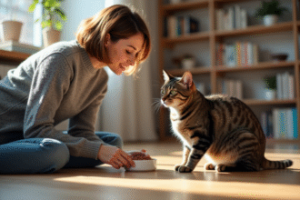 Femme avec chat dans un appartement lumineux