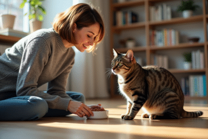 Femme avec chat dans un appartement lumineux