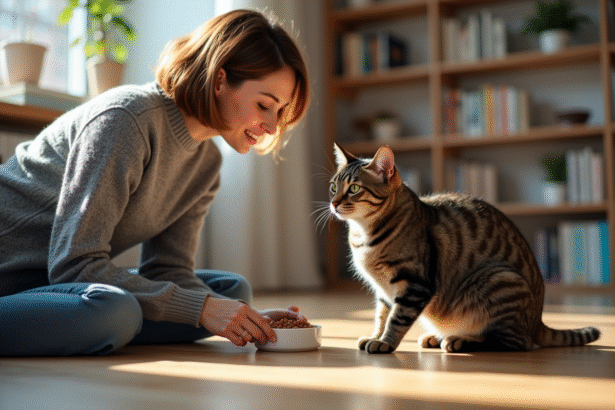 Femme avec chat dans un appartement lumineux