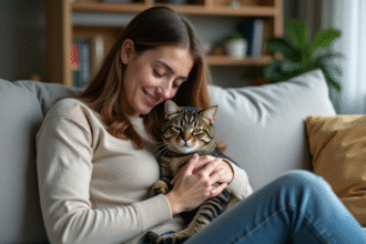 Jeune femme avec chat assis sur canapé dans un salon cosy