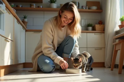 Femme souriante avec chat dans une cuisine moderne