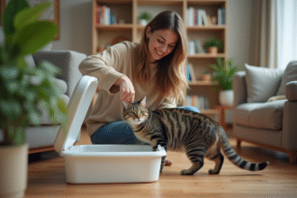 Jeune femme guidant un chat vers la litière dans un salon chaleureux
