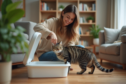 Jeune femme guidant un chat vers la litière dans un salon chaleureux