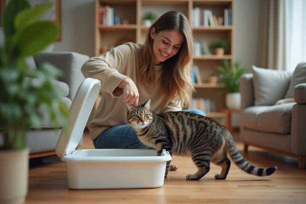 Jeune femme guidant un chat vers la litière dans un salon chaleureux