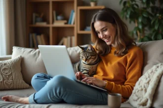 Femme souriante avec son chat tabby sur l'épaule regardant un site web sur son ordinateur portable dans un salon cosy