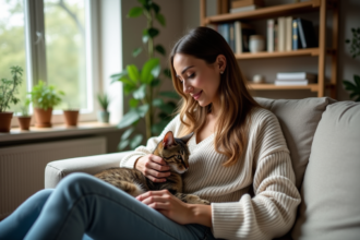 Jeune femme caressant un chat sur un sofa ensoleille dans un salon