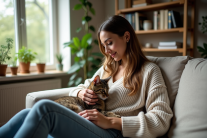 Jeune femme caressant un chat sur un sofa ensoleille dans un salon