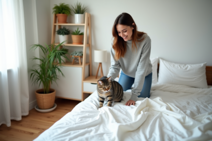 Jeune femme et chat sur un lit ensoleille dans une chambre