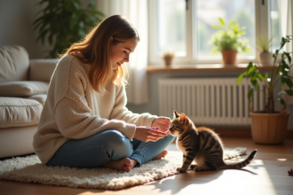 Jeune femme avec chaton dans un salon ensoleille