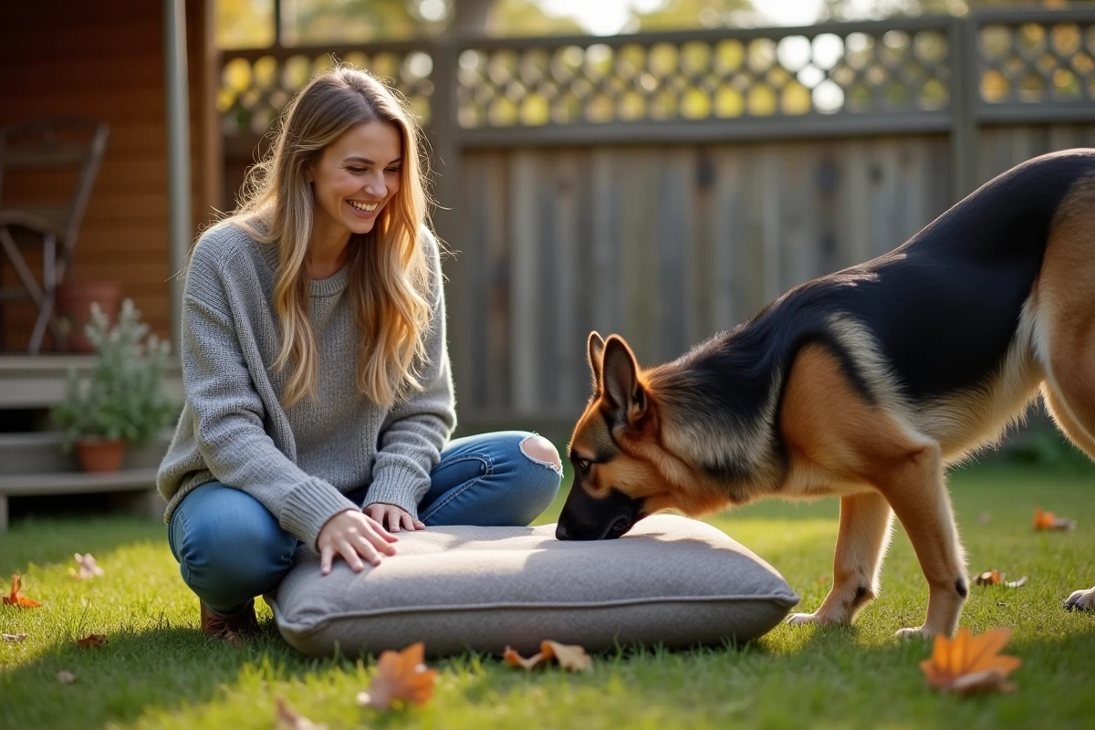 Femme avec chien en extérieur montrant un coussin indestructible