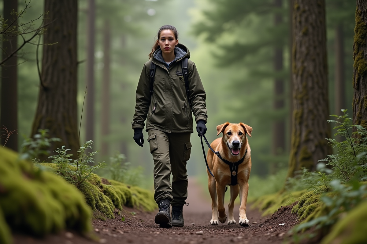 Femme avec chien en balade en forêt