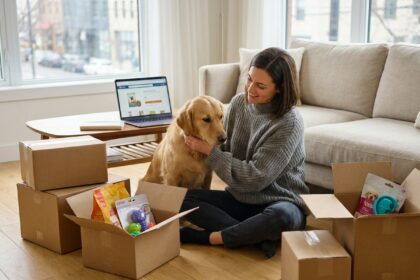 Femme assise sur le sol avec son chien golden retriever entourée de cartons de livraison contenant des produits pour animaux commandés en ligne