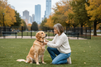 Femme en jeans avec chien dans un parc urbain