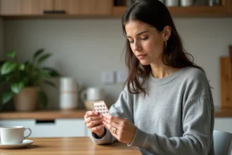 Jeune femme lisant la notice d'une plaquette de contraceptifs à sa table de cuisine, illustrant l'utilisation responsable de la contraception sans ordonnance
