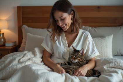 Femme souriante avec chat sur le lit dans une chambre chaleureuse