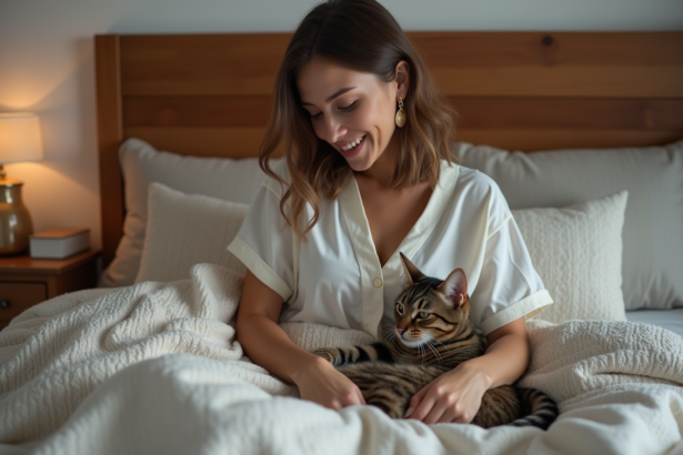 Femme souriante avec chat sur le lit dans une chambre chaleureuse