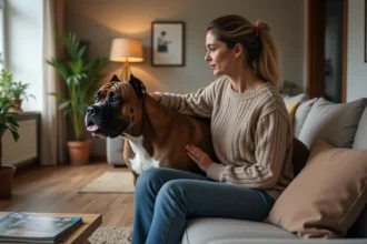 Femme assise avec un chien American Bully dans un salon chaleureux
