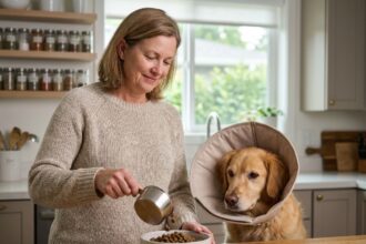 Femme mesurant des croquettes pour son chien dans une cuisine lumineuse