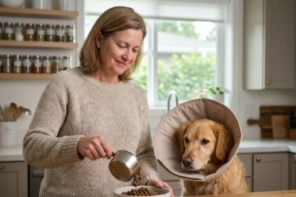 Femme mesurant des croquettes pour son chien dans une cuisine lumineuse