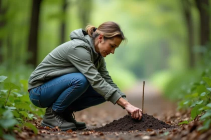 Femme examinant une empreinte dans la forêt lors d'une sortie nature