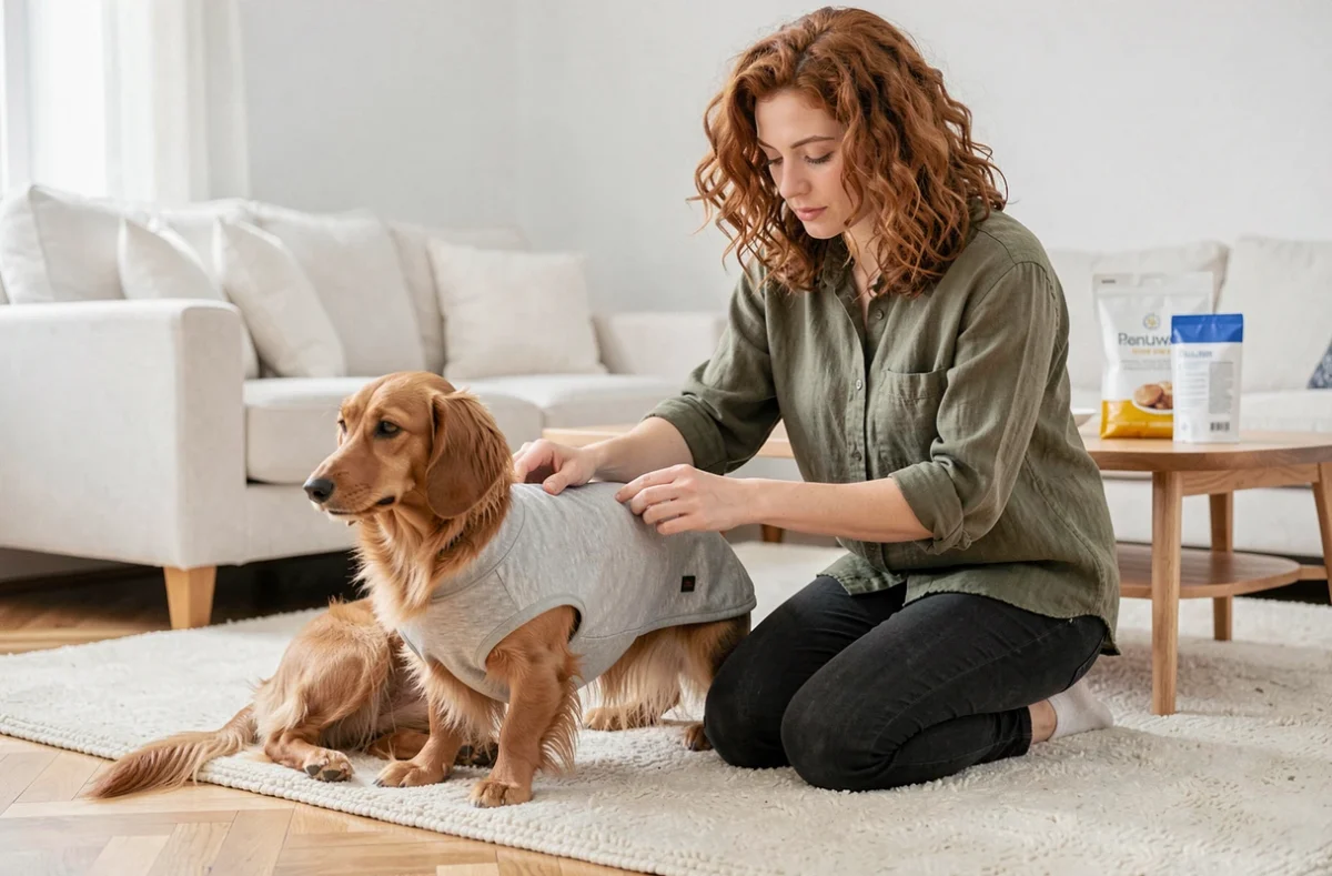 Femme habillant son teckel poil long avec un manteau doux en bambou adapté aux allergies cutanées