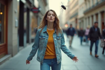 Femme surprise face à un insecte volant en ville