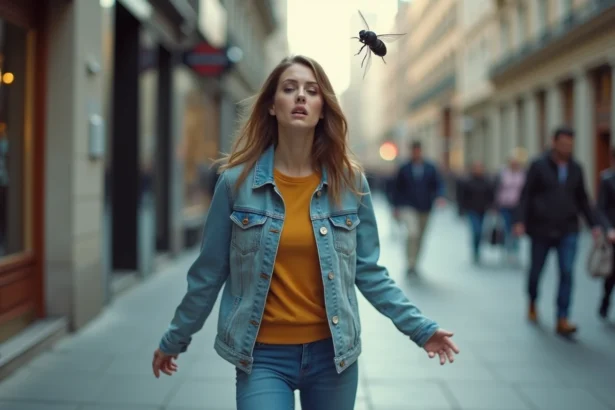 Femme surprise face à un insecte volant en ville