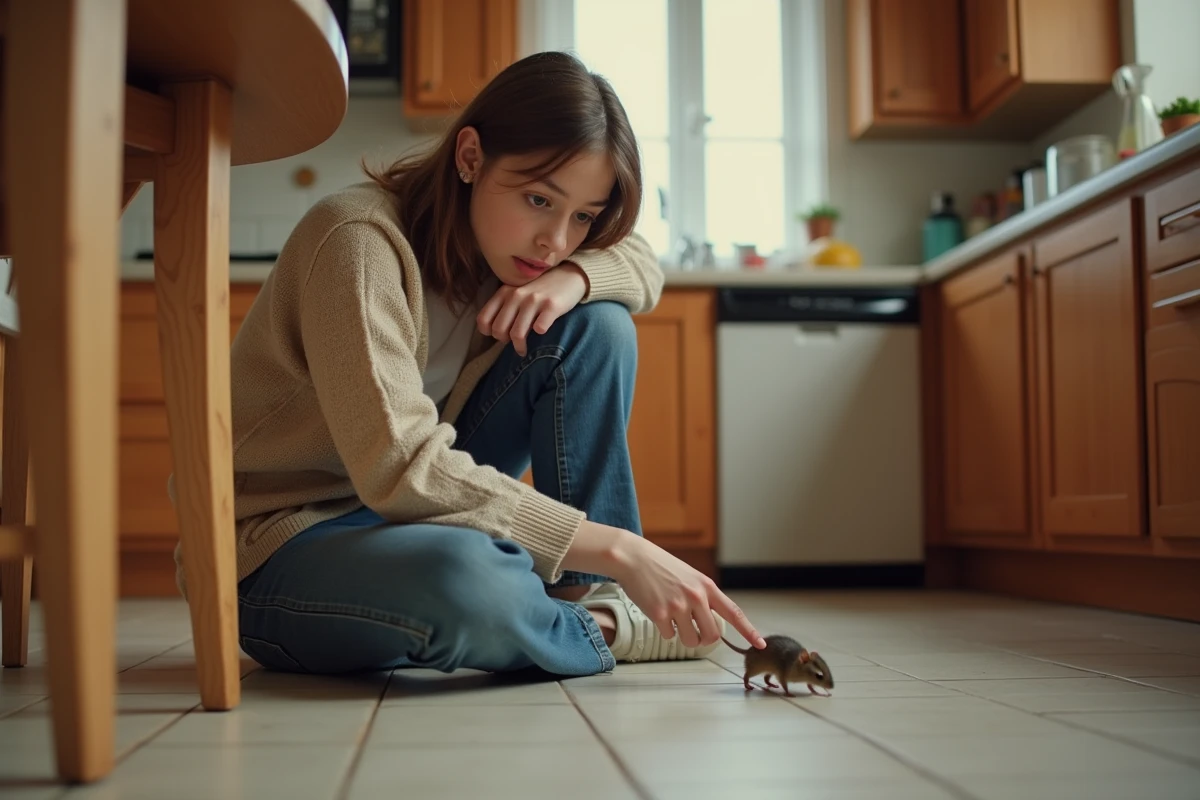 Femme assise à la cuisine pointe une petite souris