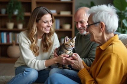 Jeune femme souriante offrant un chaton à un couple âgé dans un salon chaleureux
