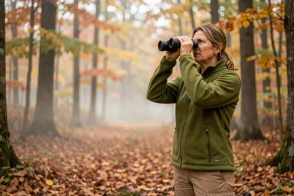 Femme débutante en ornithologie observant des oiseaux avec des jumelles en forêt automnale
