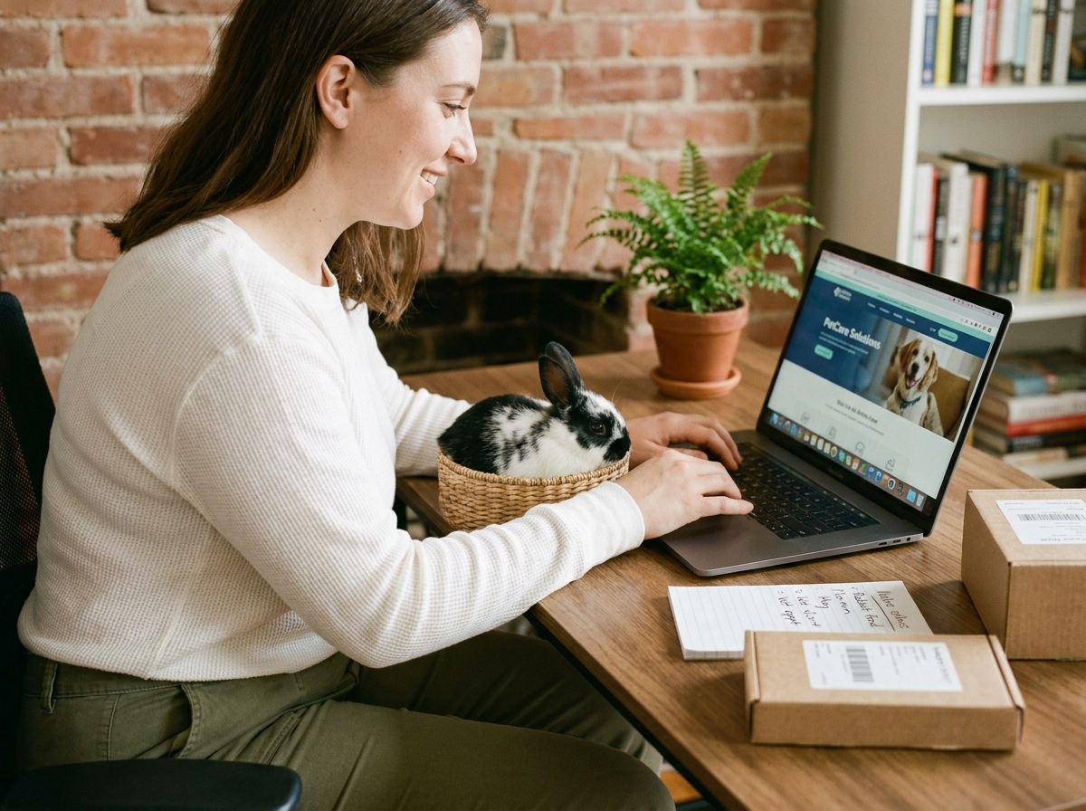 Jeune femme consultant un site de vente en ligne de produits pour animaux sur son ordinateur portable avec son lapin installé dans un panier à côté du bureau