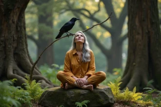 Femme méditant dans une forêt ancienne avec un corbeau perché au-dessus d'elle, symbolisant la spiritualité des oiseaux