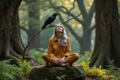 Femme méditant dans une forêt ancienne avec un corbeau perché au-dessus d'elle, symbolisant la spiritualité des oiseaux
