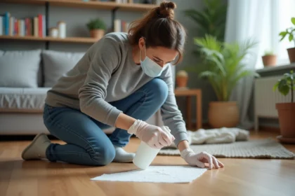Jeune femme en masque nettoyant un sol avec des gants