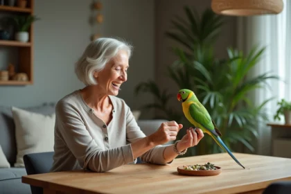 Femme offrant un jouet à un kakariki dans un intérieur chaleureux