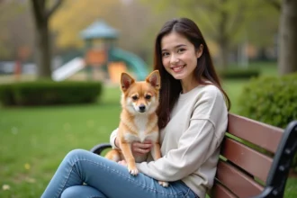Jeune femme assise avec son chien SpitzChihuahua dans un parc