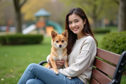 Jeune femme assise avec son chien SpitzChihuahua dans un parc