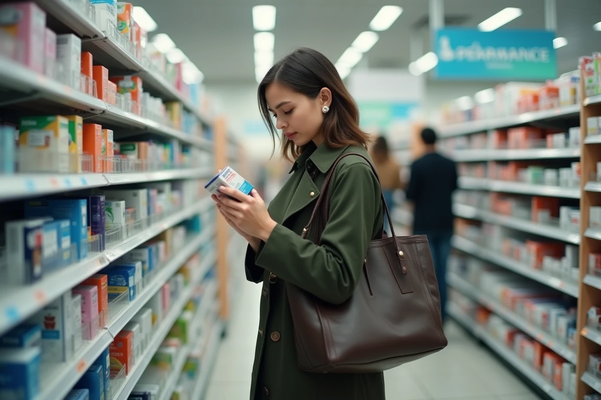 Femme examinant un produit contraceptif dans le rayon d'une pharmacie, illustrant l'accès à la contraception en vente libre