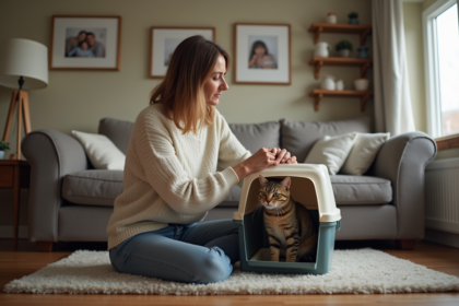 Femme posant doucement son chat dans une cage confortable