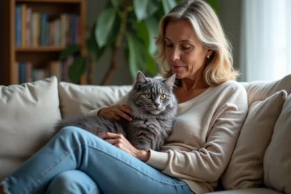 Femme assise sur un canapé avec un chat angora gris