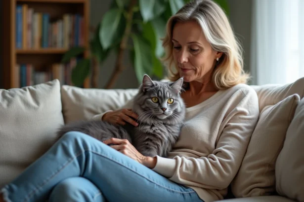 Femme assise sur un canapé avec un chat angora gris