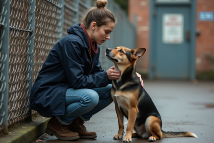 Femme réconfortant un chien anxieux en refuge urbain
