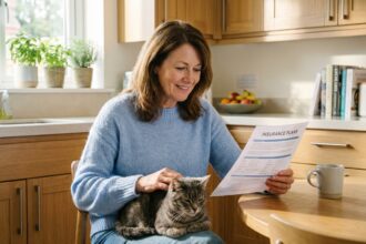 Femme assise avec chat gris dans une cuisine lumineuse